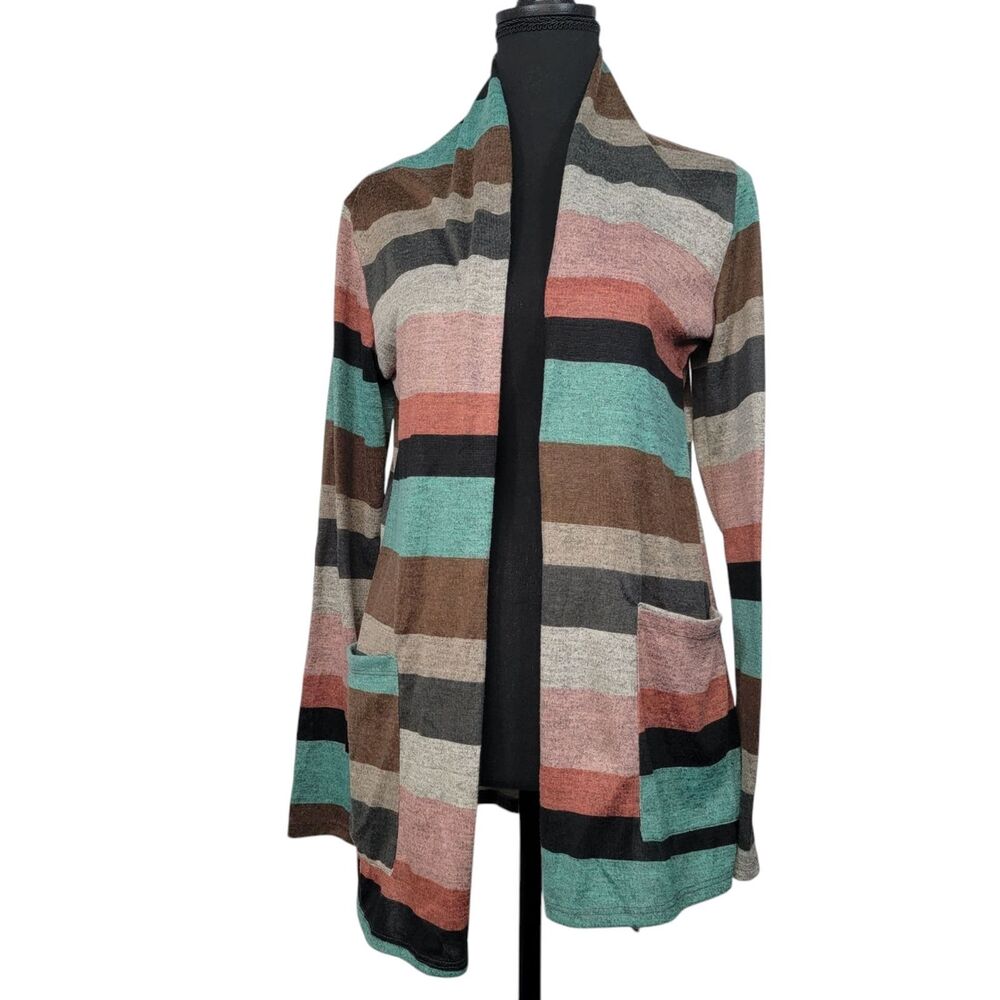 Striped Open Front Cardigan With Elbow Patches Women’s Small